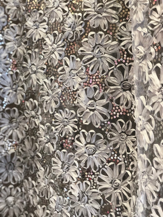 Mesh with Sequin and satin flowers - silver image 0